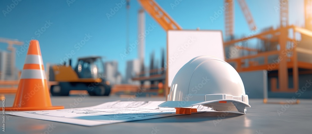 Wall mural A construction site with a white hard hat and a roll of paper on the ground.