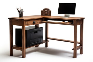 A corner desk that maximizes space in a small home office.