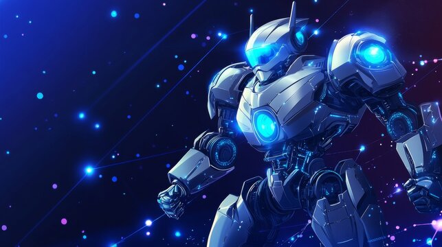 A futuristic robot with glowing blue lights against a dark background.