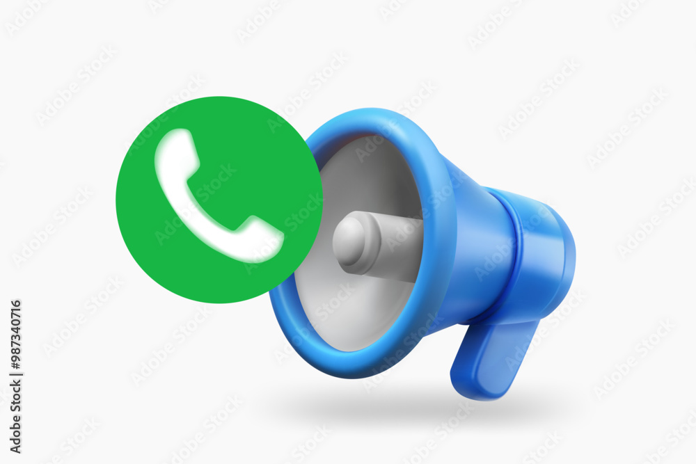 Poster loudspeaker with telephone call icon. 3d vector illustration
