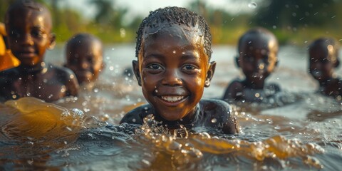 Joyful Splash: Children Bathing in a River