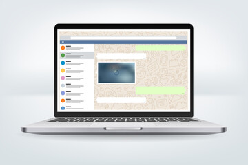 Laptop with opened messenger application on the screen. Vector template for a content