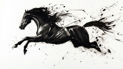 Black ink painting of a horse running with a splash of black ink.