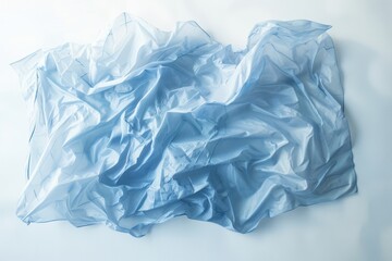 Obraz premium A faded blue plastic bag, its logo barely visible, carried by the wind against a flawless white canvas