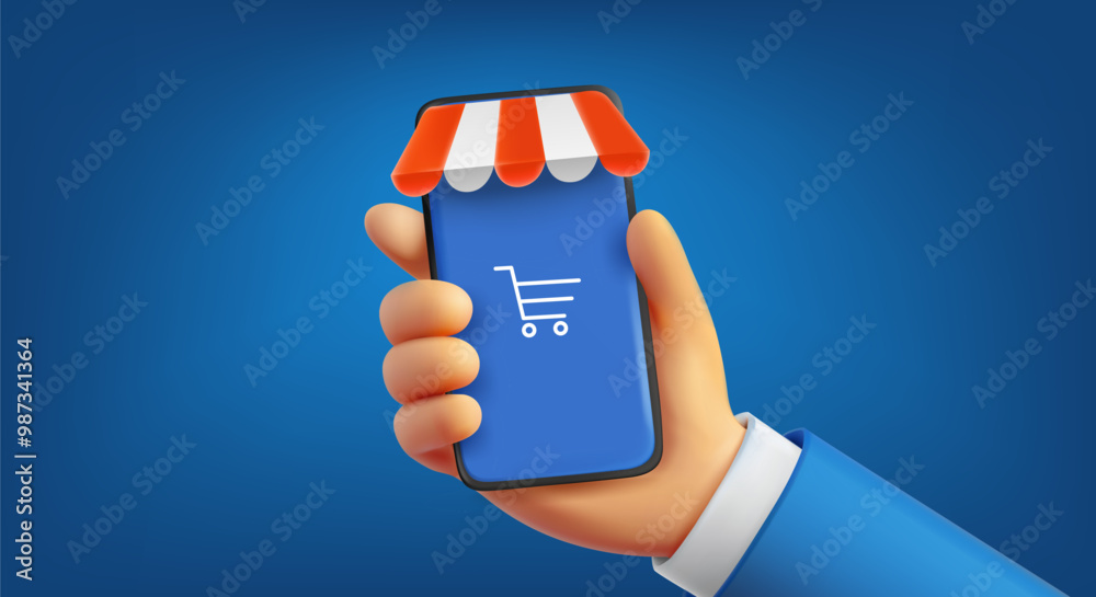 Poster Man using mobile phone for making purchases online. 3d vector concept