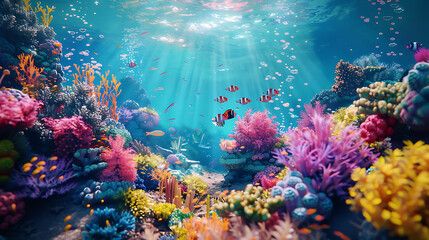 A lively underwater scene showcasing a colorful coral reef