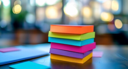 A stack of colorful sticky notes on a table that could be used for brainstorming
