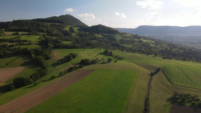 A flight above Dettingen Teck towards the Castle Teck which is located high above the mountain 
