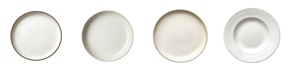 A minimalist collection of four elegant, clean plates in various styles and finishes, perfect for modern dining aesthetics. on transparent cutout, PNG file. Mockup template