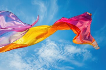 Fototapeta premium A kaleidoscope of colors dancing in the breeze as a multicolored flag unfurls against a canvas of azure sky