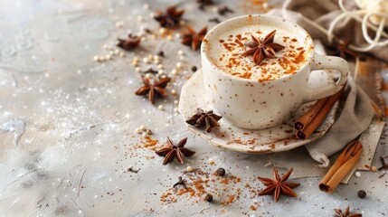 Naklejka premium Cozy Winter Drink with Spices and Marshmallow in Festive Mug