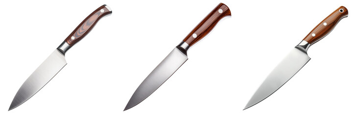 Set of three kitchen knives with wooden handles and stainless steel blades, ideal for culinary enthusiasts and professional chefs. on transparent cutout, PNG file. Mockup template