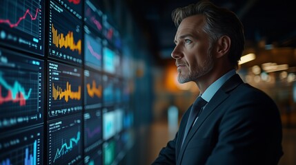 Finance trade manager analyzing stock market indicators for best investment strategy, financial data and charts