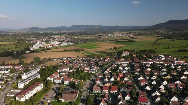 A flight above Dettingen Teck towards the Castle Teck which is located high above the mountain 