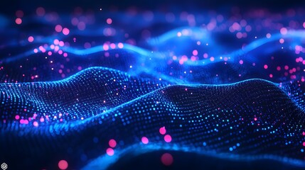 A data visualization with a deep blue color scheme features a digital graph and glowing particles on an abstract background, embodying futuristic stock market analysis.