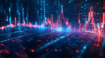 A data visualization with a deep blue color scheme features a digital graph and glowing particles on an abstract background, embodying futuristic stock market analysis.