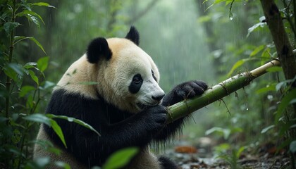 Obraz premium Cute Panda Eating Bamboo in a Lush Green Forest