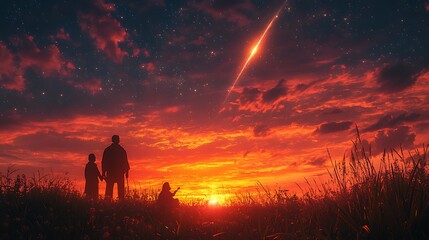 Naklejka premium Silhouette of a father and two children watching a shooting star at sunset.
