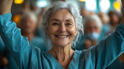 Group of elderly residents participating in physical therapy exercises in a nursing home, supported by staff
