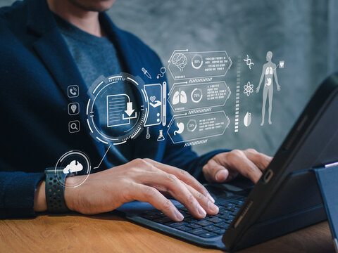 Health and Medical Technology with Digital Healthcare Icons: Medical Records, Insurance, Patient Care, Medicine, Modern Medical Technology, and Health Services for Advanced Healthcare Solutions