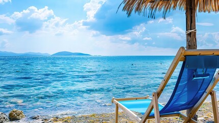 A beautiful blue tourism scene with a magnificent seaside background. The sea is a deep shade of blue, with waves gently rolling in