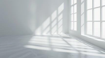 Fototapeta premium Abstract white 3d studio background for cosmetic product presentation. Empty grey room with shadows of window. Display product with blurred backdrop