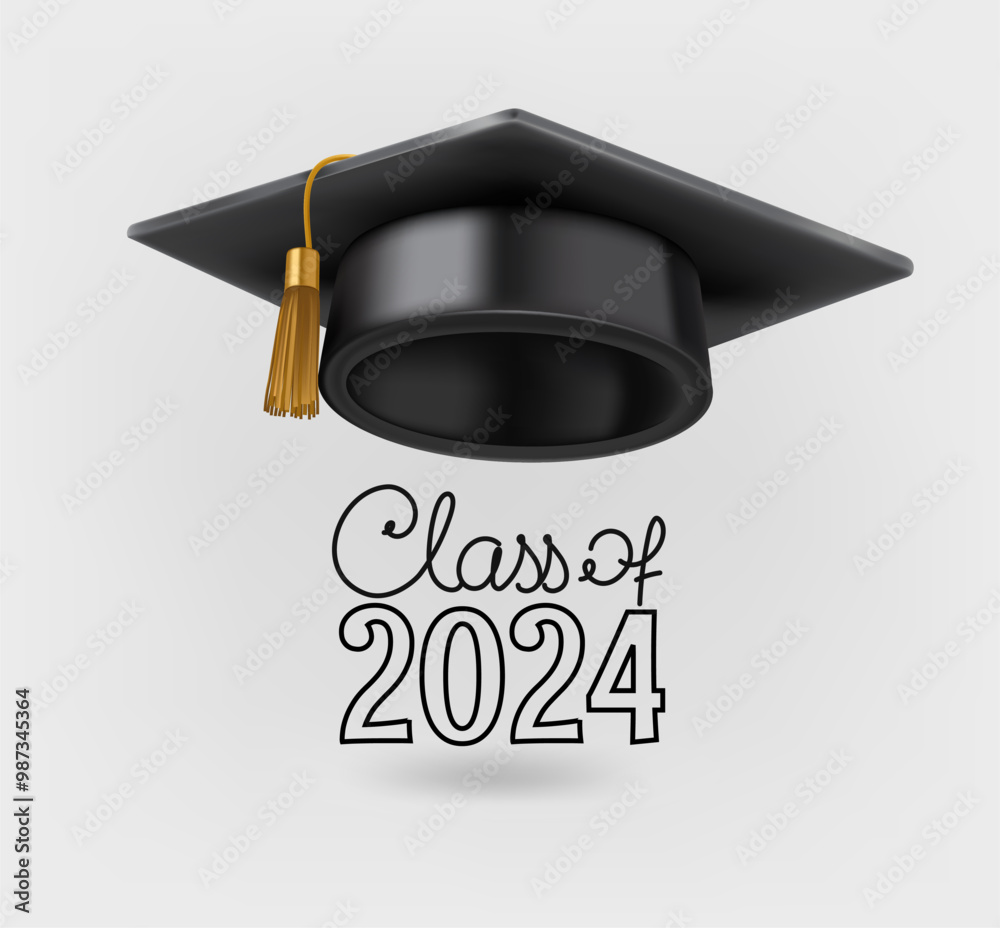 Aufkleber graduation class of 2024 concept with gdaruation cap. 3d vector icon isolated on white background