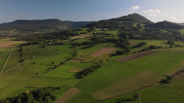 A flight above Dettingen Teck towards the Castle Teck which is located high above the mountain 