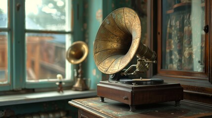 An antique gramophone sits gracefully on a rustic wooden table, illuminated by sunlight streaming through the window, while lush plants enhance the atmosphere