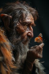 Naklejka premium An elderly, whimsical character with long hair and pointed ears tenderly observes a vibrant butterfly, highlighting the beauty of nature's harmony
