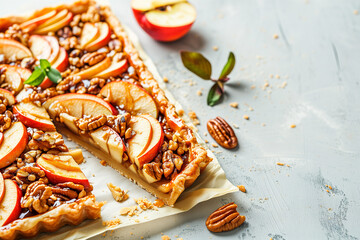 A delicious apple tart with caramel, pecans, and fresh apples.