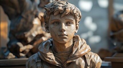 Detailed Wooden Sculpture of a Boy's Portrait