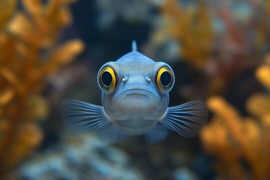 Fish with yellow eyes is looking at the camera. The fish is in a tank with a yellow background. Close shot of a goldfish in the front, big eyes
