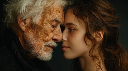 An elderly man gently touches foreheads with a young girl, reflecting a moment of deep connection and understanding between generations