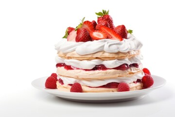 A mouthwatering yogurt strawberry meringue cake, showcasing a contrasting texture between the crisp meringue and the creamy yogurt