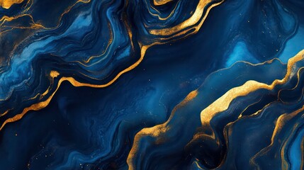 Abstract blue and gold liquid art with flowing lines and glitter.