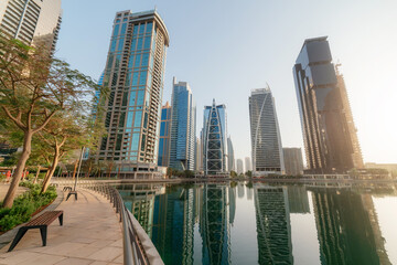 Panoramic view of Jumeirah Lakes Towers in Dubai during morning, United Arab Emirates
