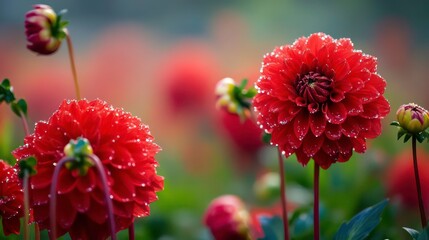 Close-up of a red dahlia flower with water droplets, showing the intricate details of the petals and the soft, blurred background.