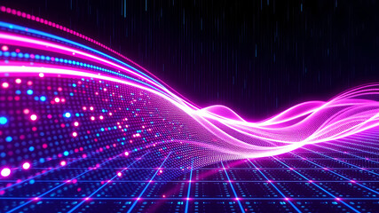 Flowing Wave of Neon-Colored Data Moving Through a Glowing Digital Grid Symbolizing the Movement of Information in Modern Technology