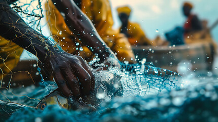 A close-up of hands working together to catch fish