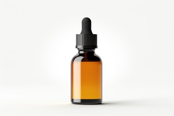 A photorealistic image of an amber glass dropper bottle, isolated on a white background.
