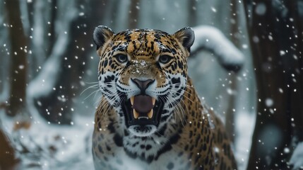 Jaguar in snow forest roaring, leopard snowy predator by tree angry in jungle nature park, dangerous wild cat mammal feline animal carnivore cat in wildlife forest