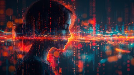 A silhouette of a woman merges with colorful digital data streams, capturing the essence of technology intertwined with human experience
