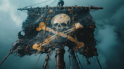 Naklejka premium The tattered pirate flag flutters fiercely, adorned with a skull and crossbones, set against dark clouds and a tempestuous backdrop at dusk
