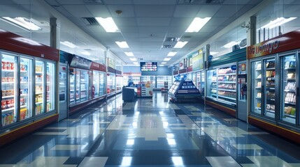 Empty supermarket aisle with freezers showcases with different products
