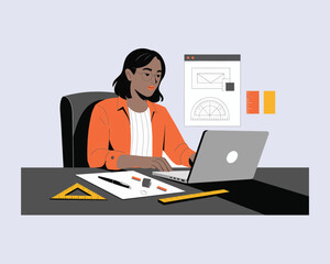 Remote work freelance modern illustration working on a laptop at her house, isolated with a white background