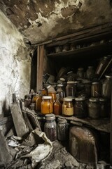 Abandoned Pantry Filled with Dusty Jars and Bottles