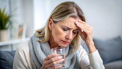 Woman taking medication for her headache.