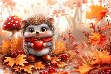 Hedgehog holding apple in a whimsical autumn forest scene
