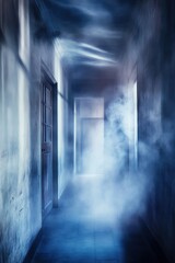 Eerie Hallway with Fog and Dim Lighting